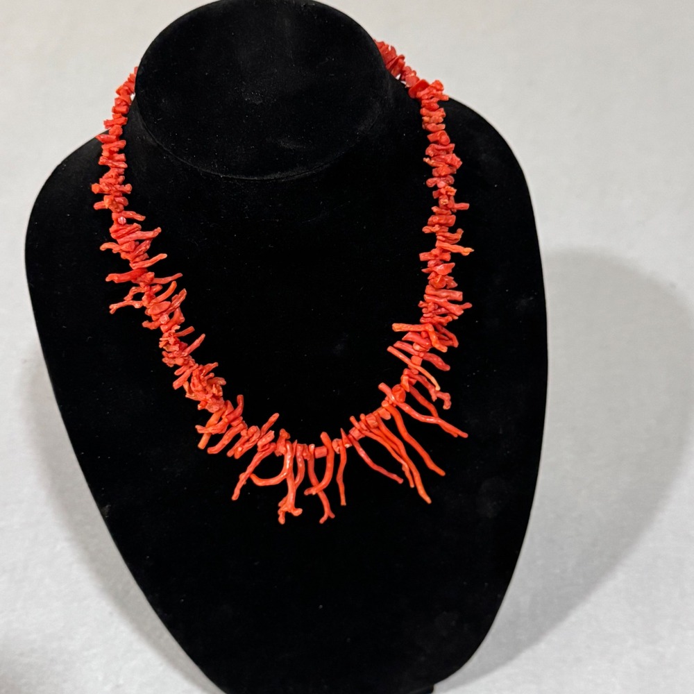 Vintage Coral Necklace Women Red Orange Branch Bead Filigree Clasp 19.5 Inch